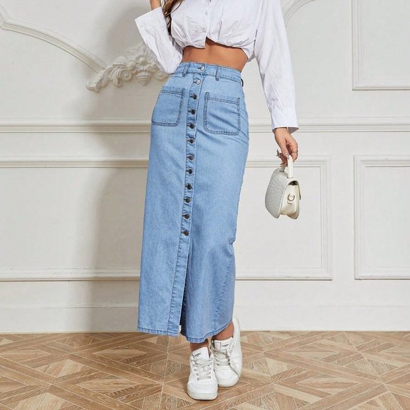 Blue Casual Womens Button Front Denim Skirt - Picture 3 of 6